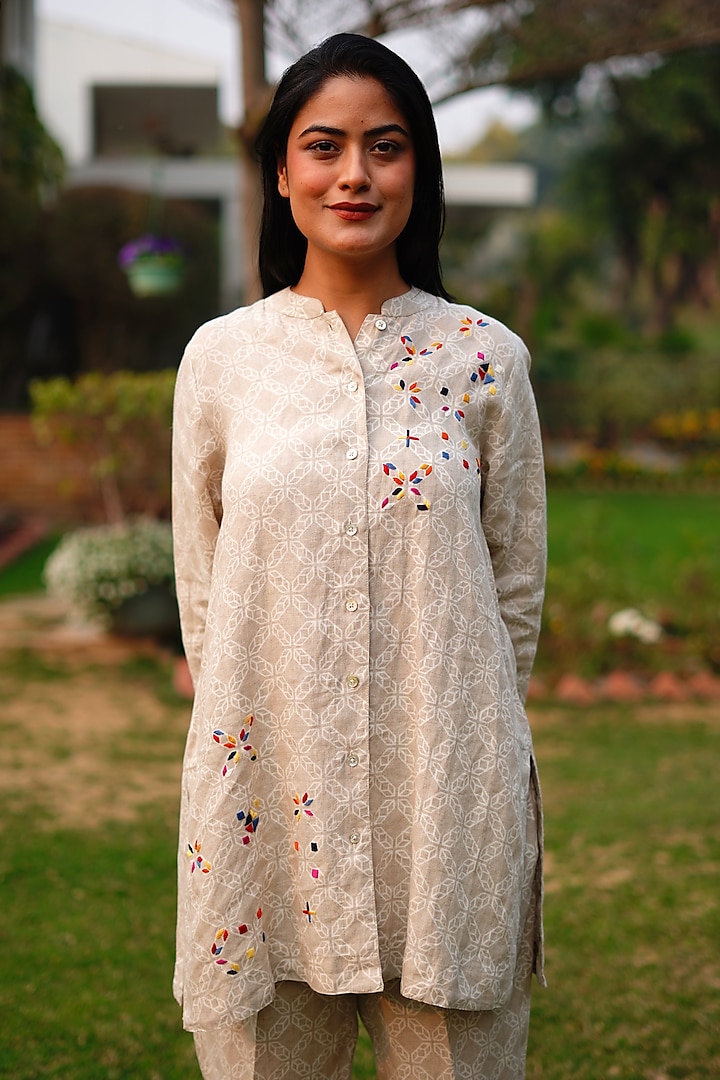 Beige Pure Linen Printed & Embroidered Shirt by Linen Bloom