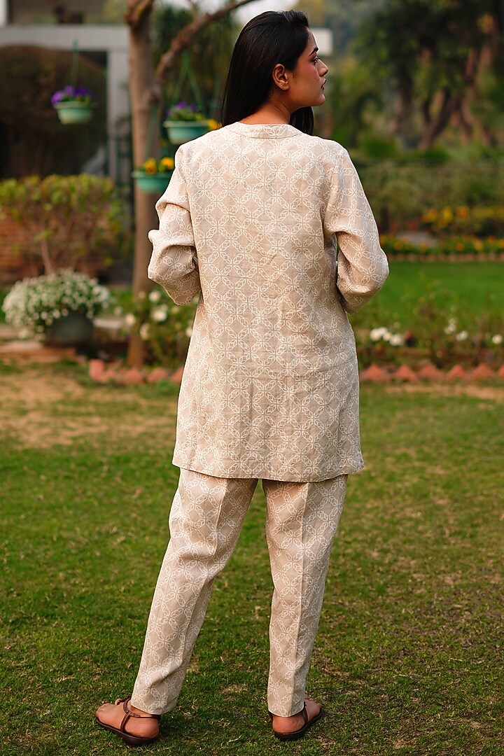 Beige Pure Linen Printed & Embroidered Shirt by Linen Bloom at Pernia's Pop Up Shop