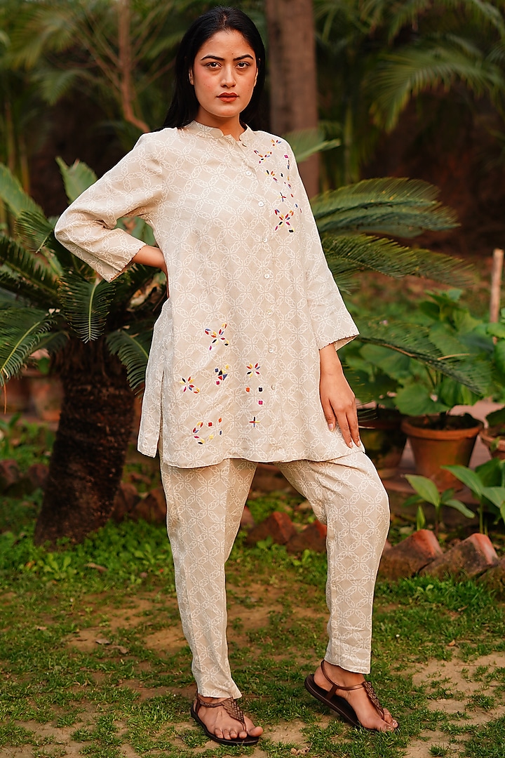 Beige Pure Linen Printed & Embroidered Shirt by Linen Bloom at Pernia's Pop Up Shop
