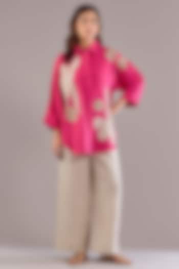 Fuchsia Pink Pure Linen Applique Embroidered Shirt by Linen Bloom at Pernia's Pop Up Shop