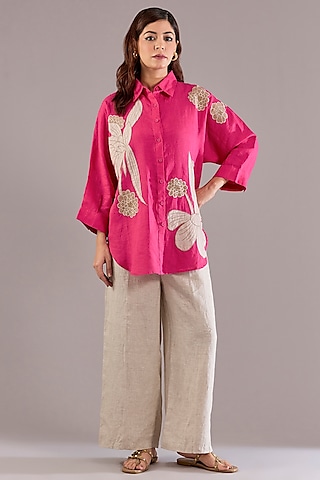 Fuchsia Pink Pure Linen Applique Embroidered Shirt by Linen Bloom