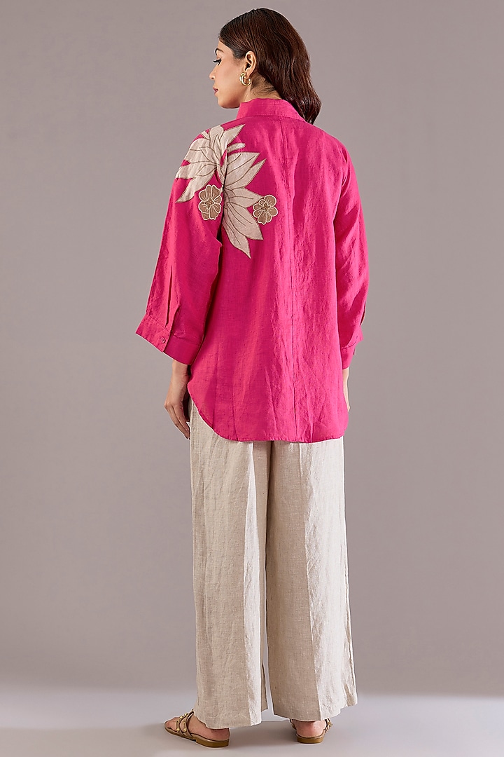 Fuchsia Pink Pure Linen Applique Embroidered Shirt by Linen Bloom at Pernia's Pop Up Shop