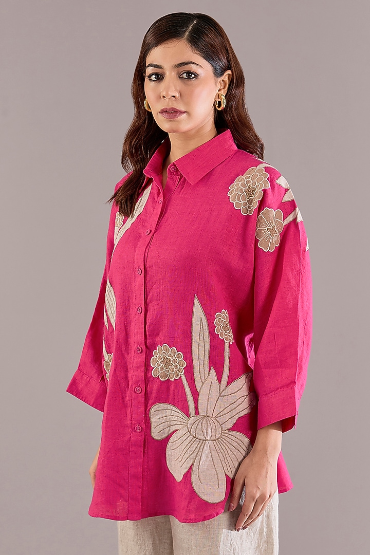 Fuchsia Pink Pure Linen Applique Embroidered Shirt by Linen Bloom at Pernia's Pop Up Shop