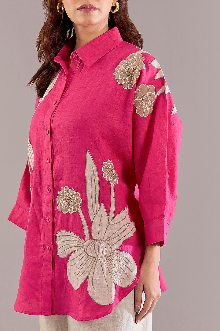 Fuchsia Pink Pure Linen Applique Embroidered Shirt by Linen Bloom at Pernia's Pop Up Shop
