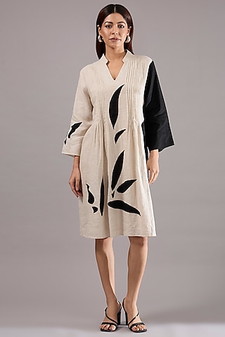 Beige Linen Applique Embroidered Midi Dress by Linen Bloom