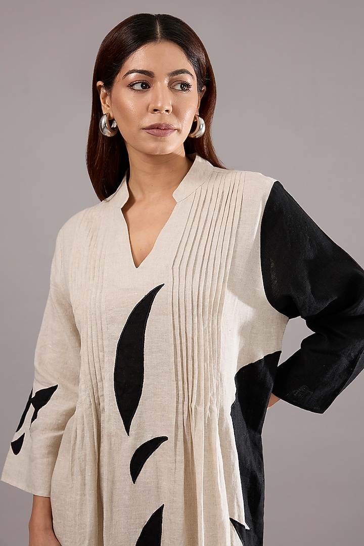 Beige Linen Applique Embroidered Midi Vacation Dress by Linen Bloom at Pernia's Pop Up Shop