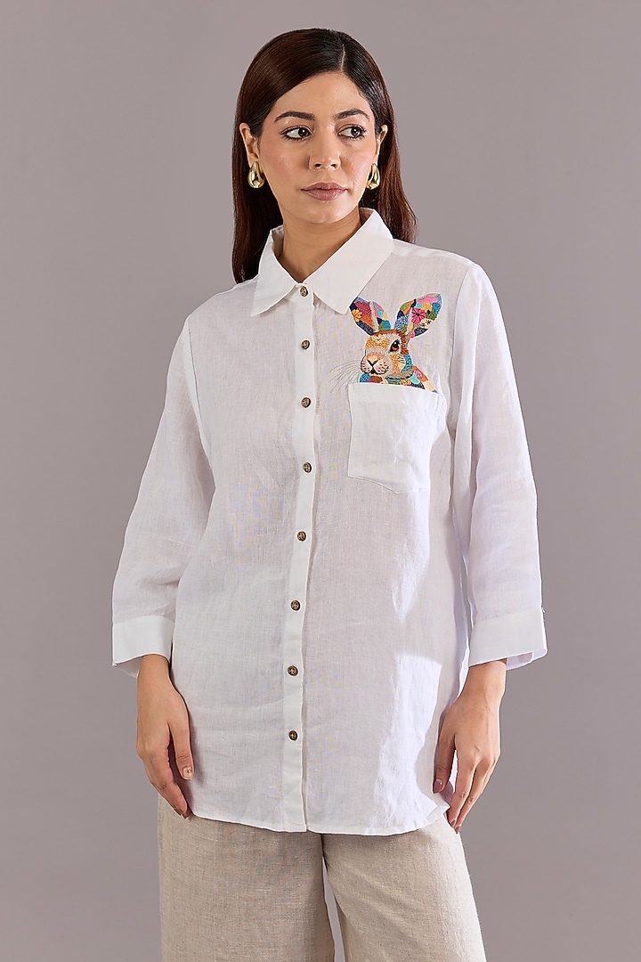 White Linen Embroidered Shirt by Linen Bloom at Pernia's Pop Up Shop