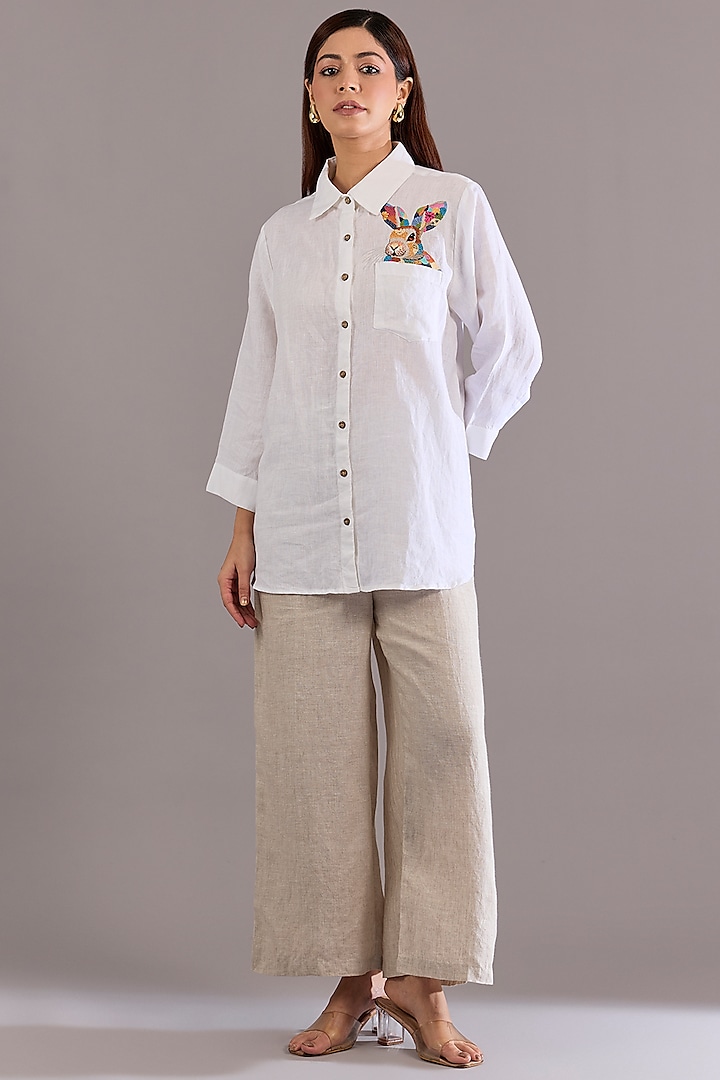 White Linen Embroidered Shirt by Linen Bloom at Pernia's Pop Up Shop