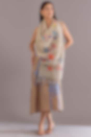 Beige Linen Patch printed & Embroidered Scarf by Linen Bloom at Pernia's Pop Up Shop