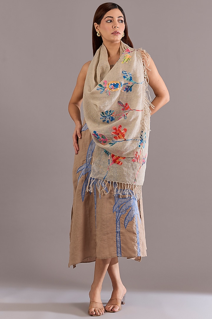 Beige Linen Patch printed & Embroidered Scarf by Linen Bloom at Pernia's Pop Up Shop