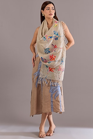 Beige Linen Patch printed & Embroidered Scarf by Linen Bloom
