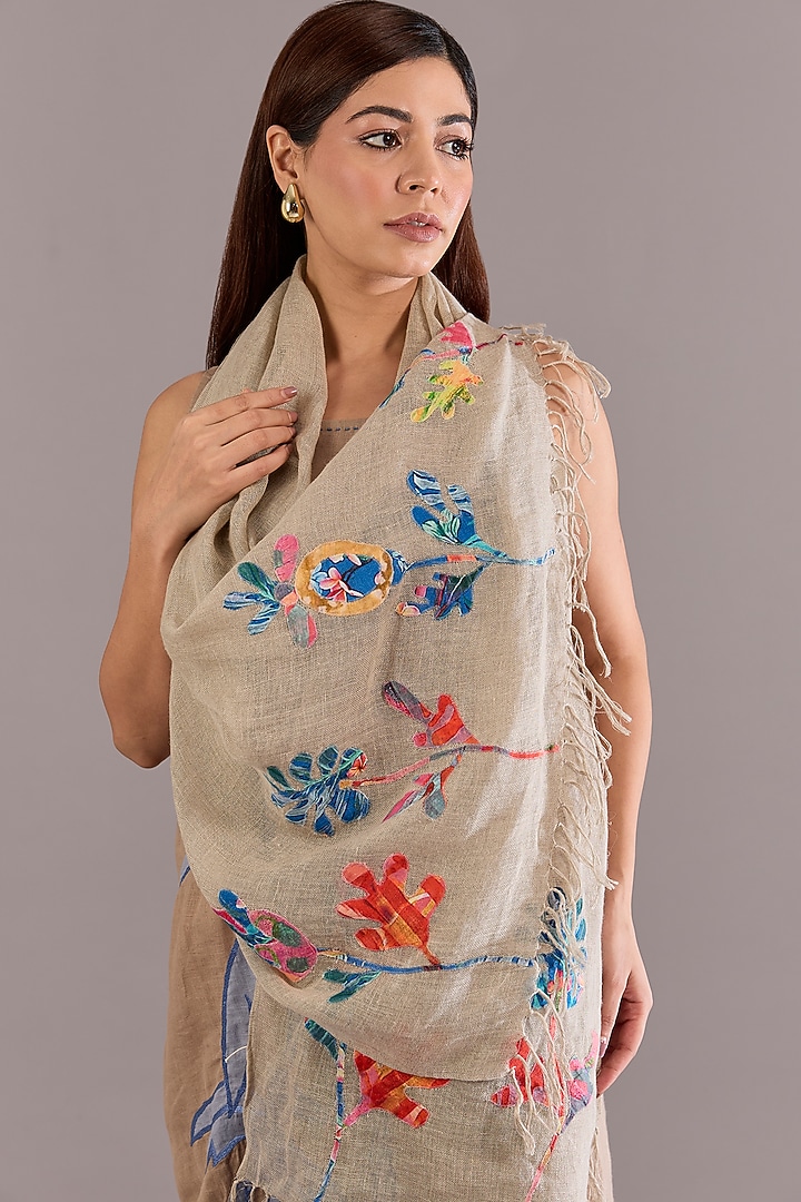 Beige Linen Patch printed & Embroidered Scarf by Linen Bloom at Pernia's Pop Up Shop