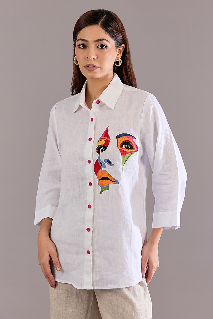 White Linen Embroidered Shirt by Linen Bloom at Pernia's Pop Up Shop