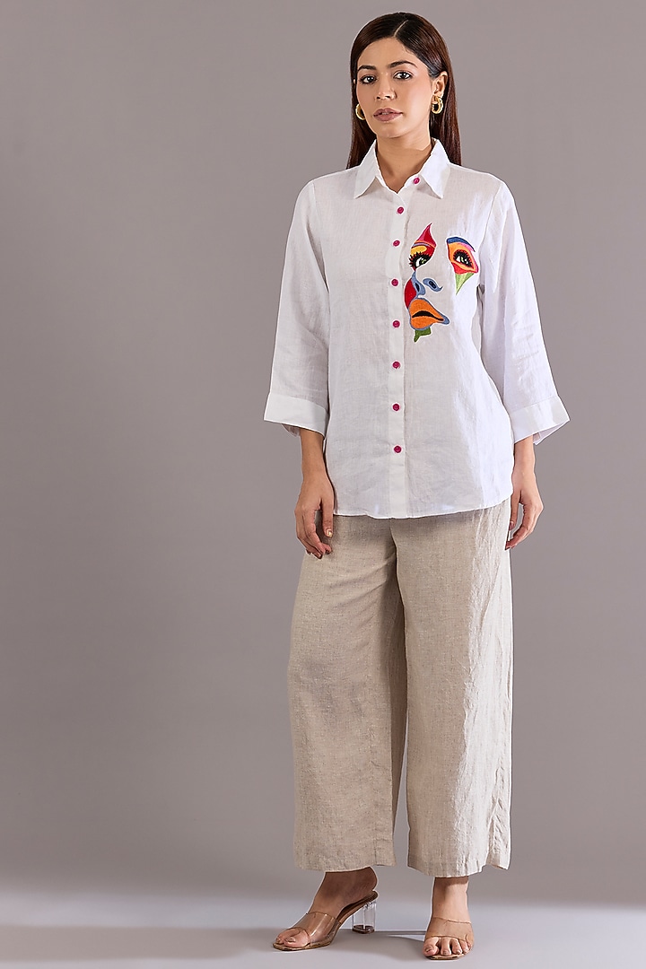 White Linen Embroidered Shirt by Linen Bloom at Pernia's Pop Up Shop