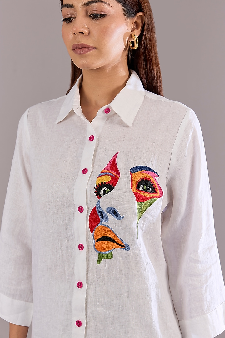 White Linen Embroidered Shirt by Linen Bloom at Pernia's Pop Up Shop