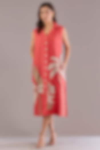 Coral Pure Linen Applique Embroidered Sleeveless Midi Vacation Dress by Linen Bloom at Pernia's Pop Up Shop