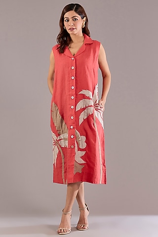 Coral Pure Linen Applique Embroidered Sleeveless Midi Dress by Linen Bloom