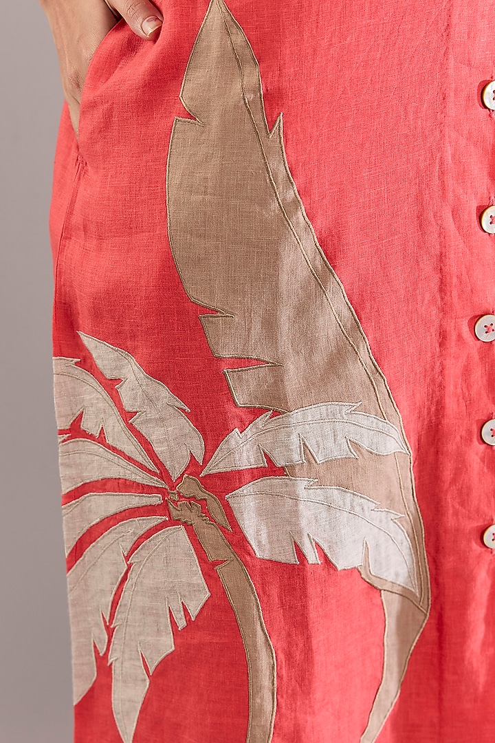 Coral Pure Linen Applique Embroidered Sleeveless Midi Vacation Dress by Linen Bloom at Pernia's Pop Up Shop