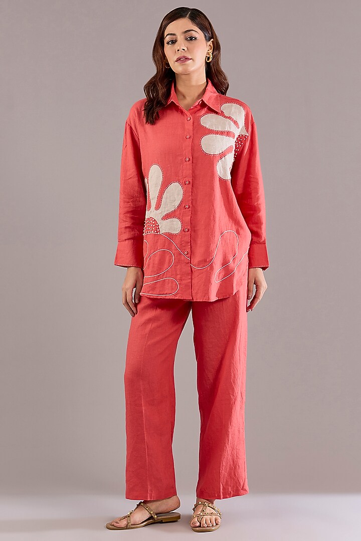 Coral Pure Linen Solid Pants by Linen Bloom at Pernia's Pop Up Shop