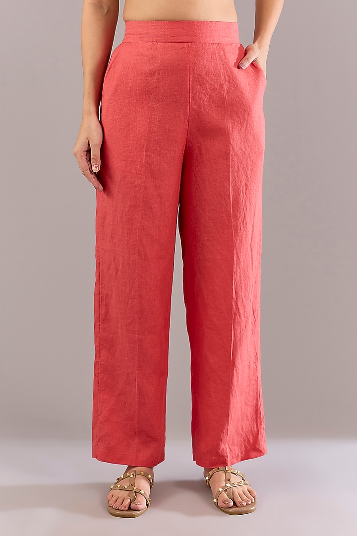 Coral Pure Linen Solid Pants by Linen Bloom at Pernia's Pop Up Shop