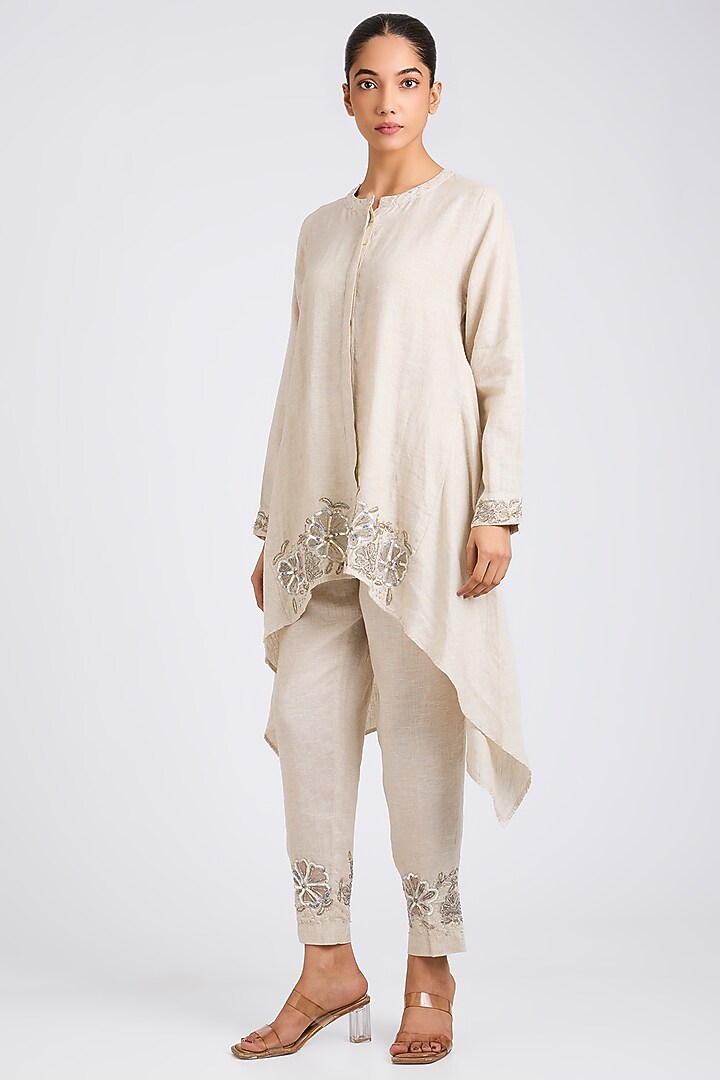 Beige Linen Embroidered Co-Ord Set by Linen Bloom at Pernia's Pop Up Shop
