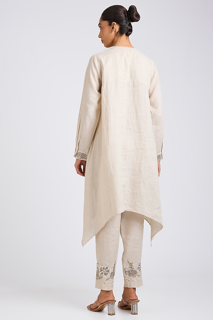 Beige Linen Embroidered Co-Ord Set by Linen Bloom at Pernia's Pop Up Shop