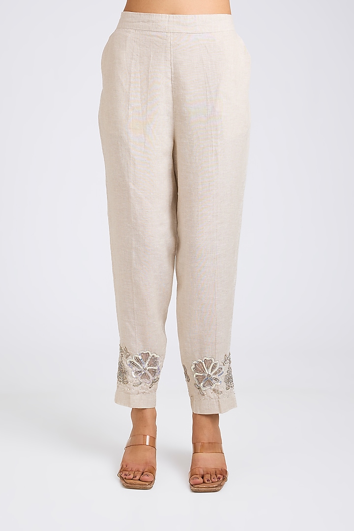 Beige Linen Embroidered Co-Ord Set by Linen Bloom at Pernia's Pop Up Shop