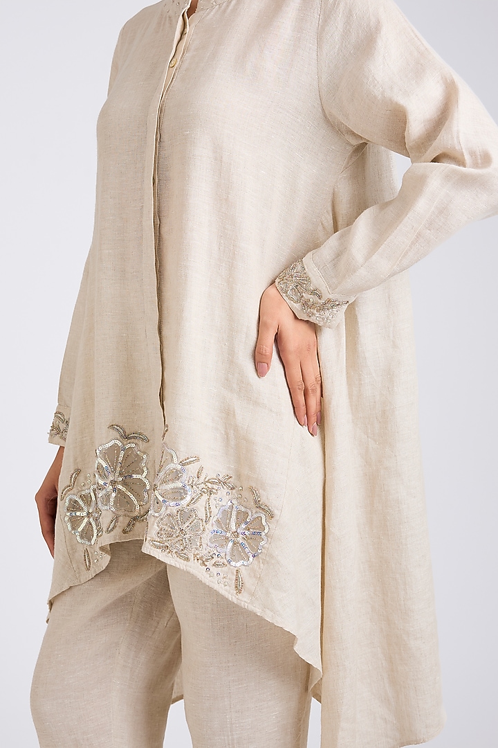 Beige Linen Embroidered Co-Ord Set by Linen Bloom at Pernia's Pop Up Shop