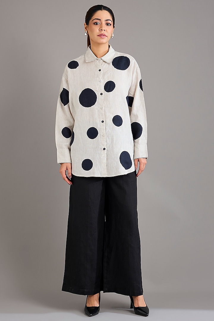 Beige Linen Polka Dot Embroidered Shirt by Linen Bloom at Pernia's Pop Up Shop