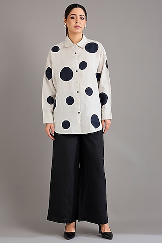 Beige Linen Polka Dot Embroidered Shirt by Linen Bloom