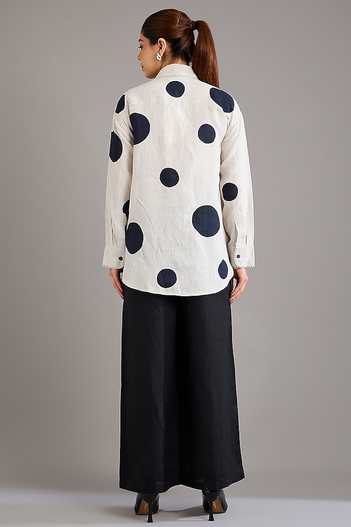Beige Linen Polka Dot Embroidered Shirt by Linen Bloom at Pernia's Pop Up Shop