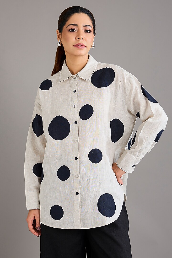 Beige Linen Polka Dot Embroidered Shirt by Linen Bloom at Pernia's Pop Up Shop