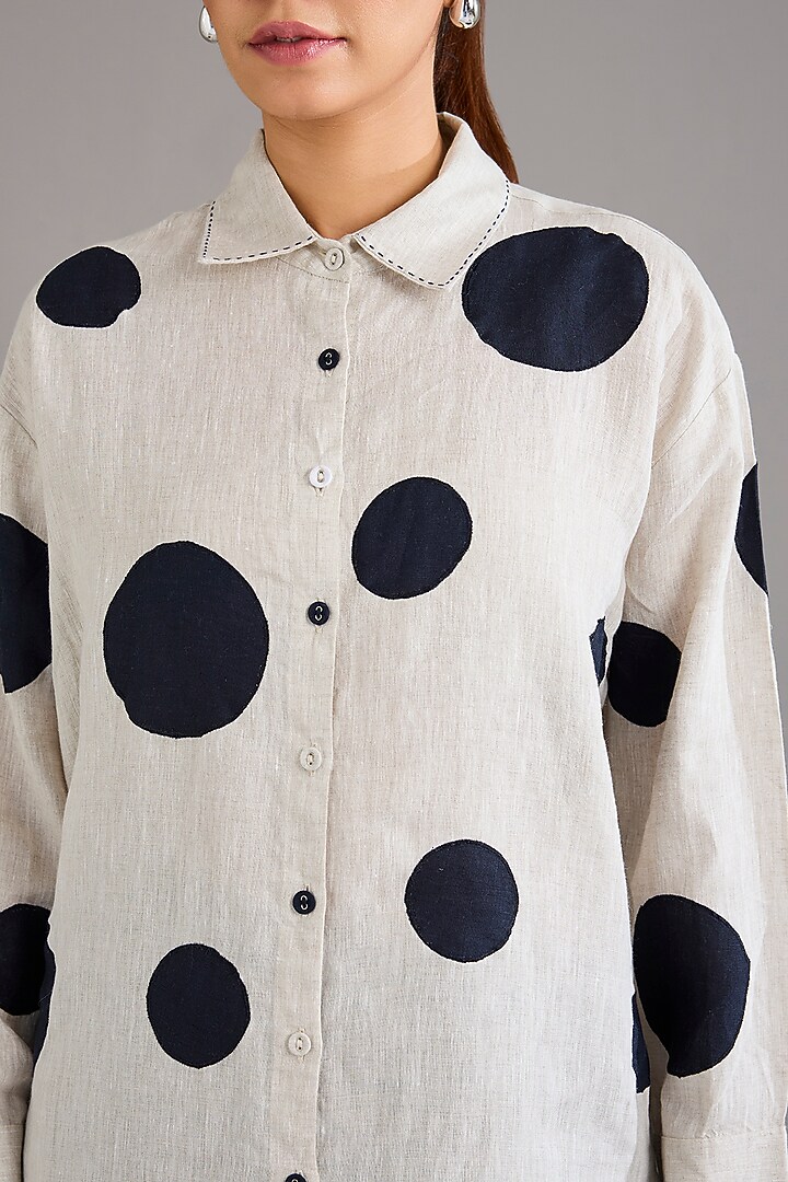 Beige Linen Polka Dot Embroidered Shirt by Linen Bloom at Pernia's Pop Up Shop