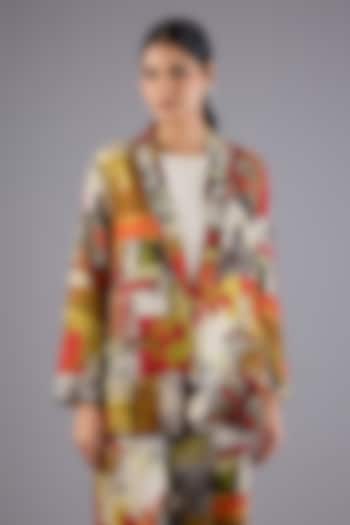 Red Linen Patch Printed Blazer by Linen Bloom at Pernia's Pop Up Shop