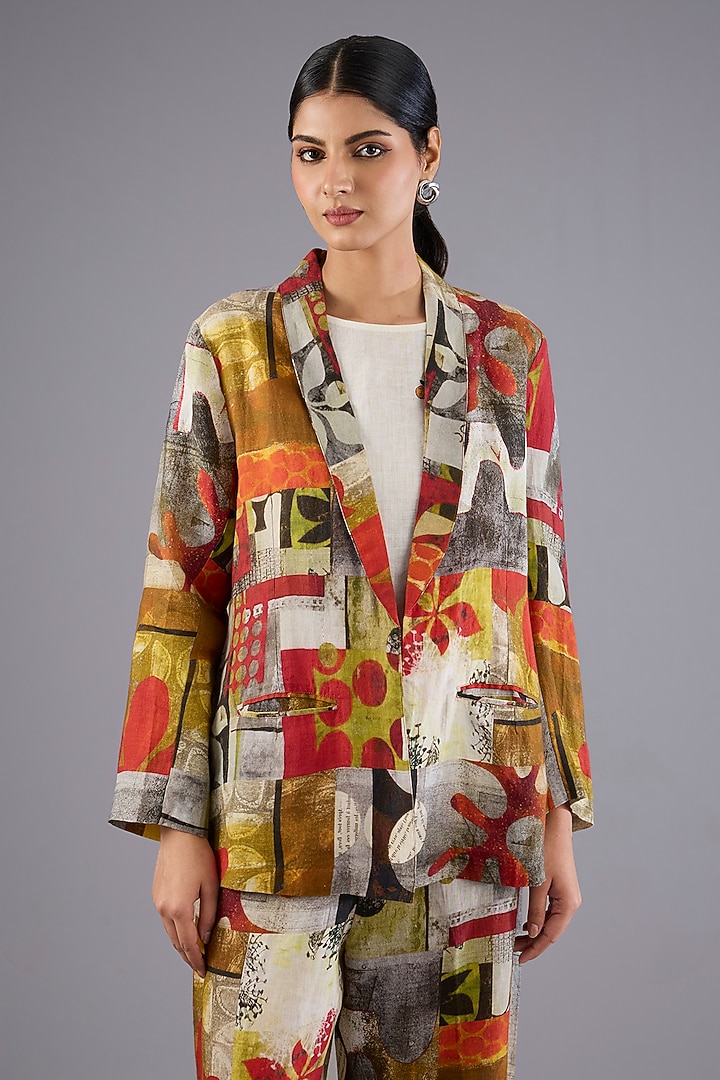 Red Linen Patch Printed Blazer by Linen Bloom at Pernia's Pop Up Shop