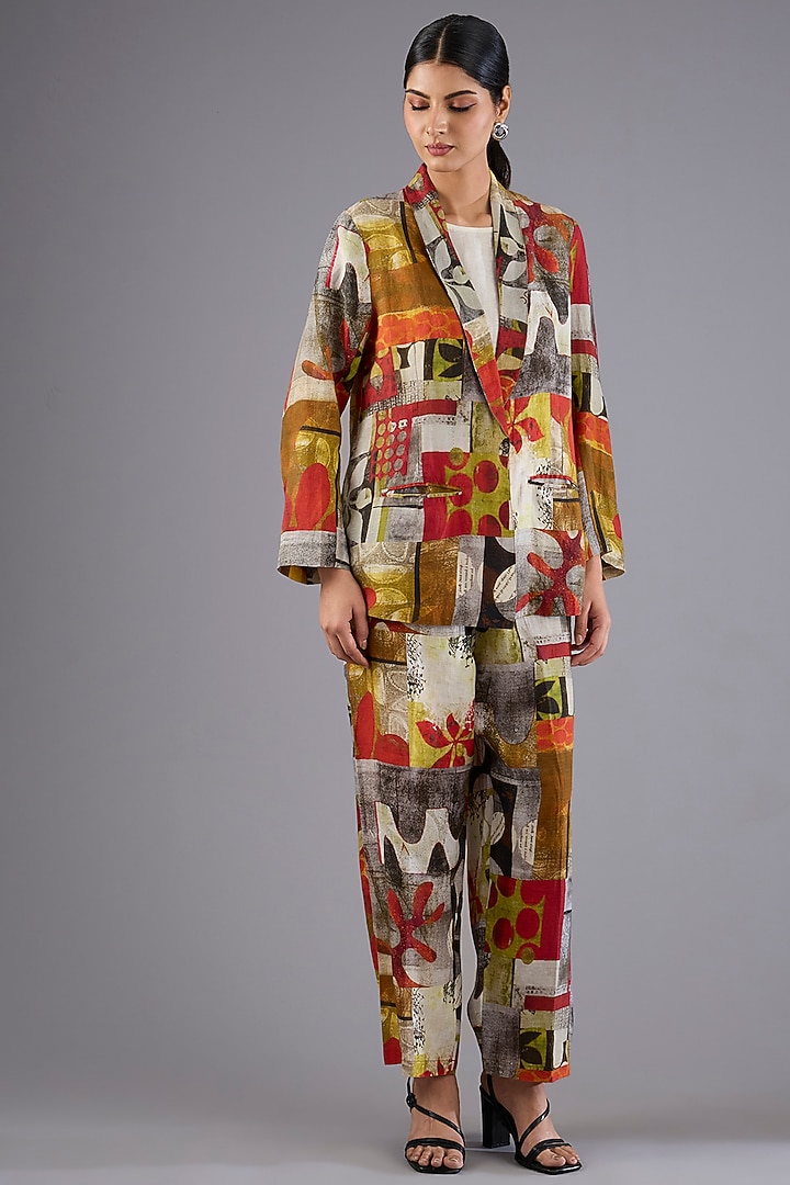 Red Linen Patch Printed Blazer by Linen Bloom at Pernia's Pop Up Shop