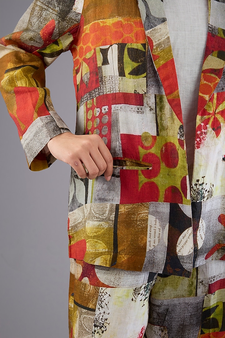 Red Linen Patch Printed Blazer by Linen Bloom at Pernia's Pop Up Shop