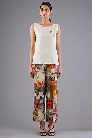 Red Linen Patch Printed Pants by Linen Bloom