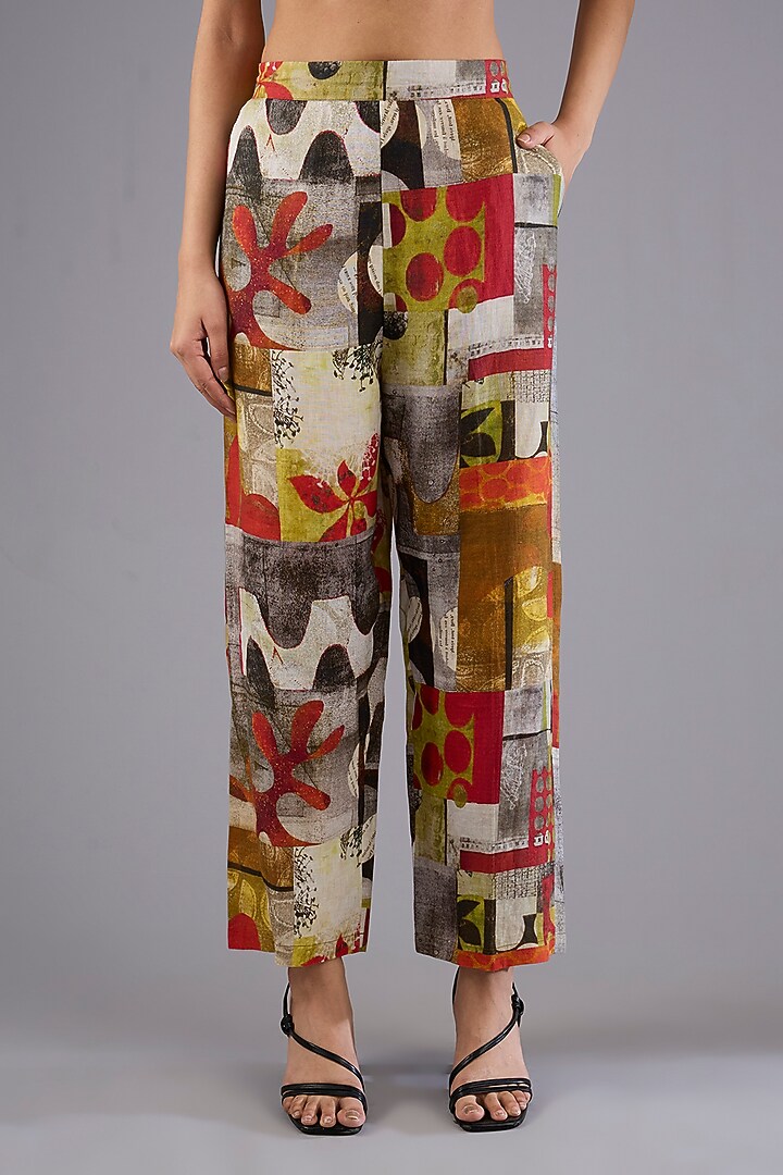 Red Linen Patch Printed Pants by Linen Bloom at Pernia's Pop Up Shop