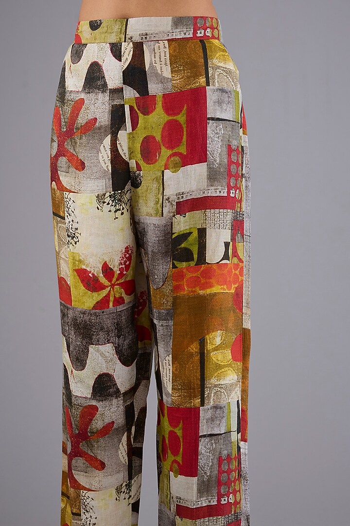 Red Linen Patch Printed Pants by Linen Bloom at Pernia's Pop Up Shop