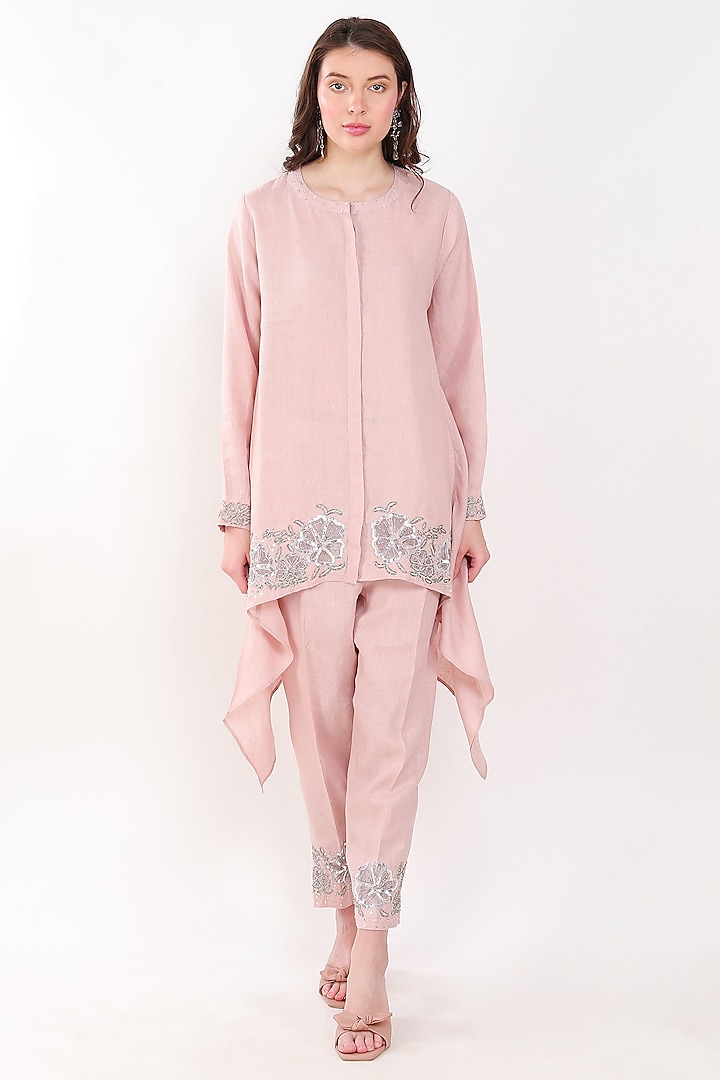 Light Pink Linen Sequins Embroidered Tunic Set by Linen Bloom at Pernia's Pop Up Shop