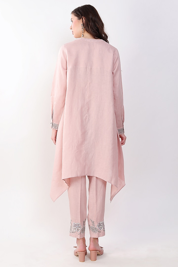 Light Pink Linen Sequins Embroidered Tunic Set by Linen Bloom at Pernia's Pop Up Shop