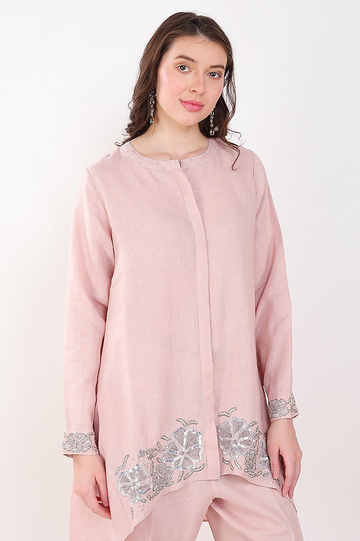 Light Pink Linen Sequins Embroidered Tunic Set by Linen Bloom at Pernia's Pop Up Shop