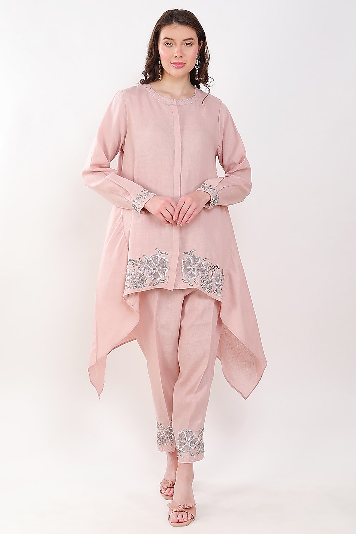 Light Pink Linen Sequins Embroidered Tunic Set by Linen Bloom at Pernia's Pop Up Shop