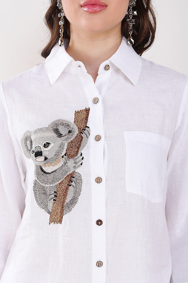 White Linen Embroidered Shirt by Linen Bloom at Pernia's Pop Up Shop