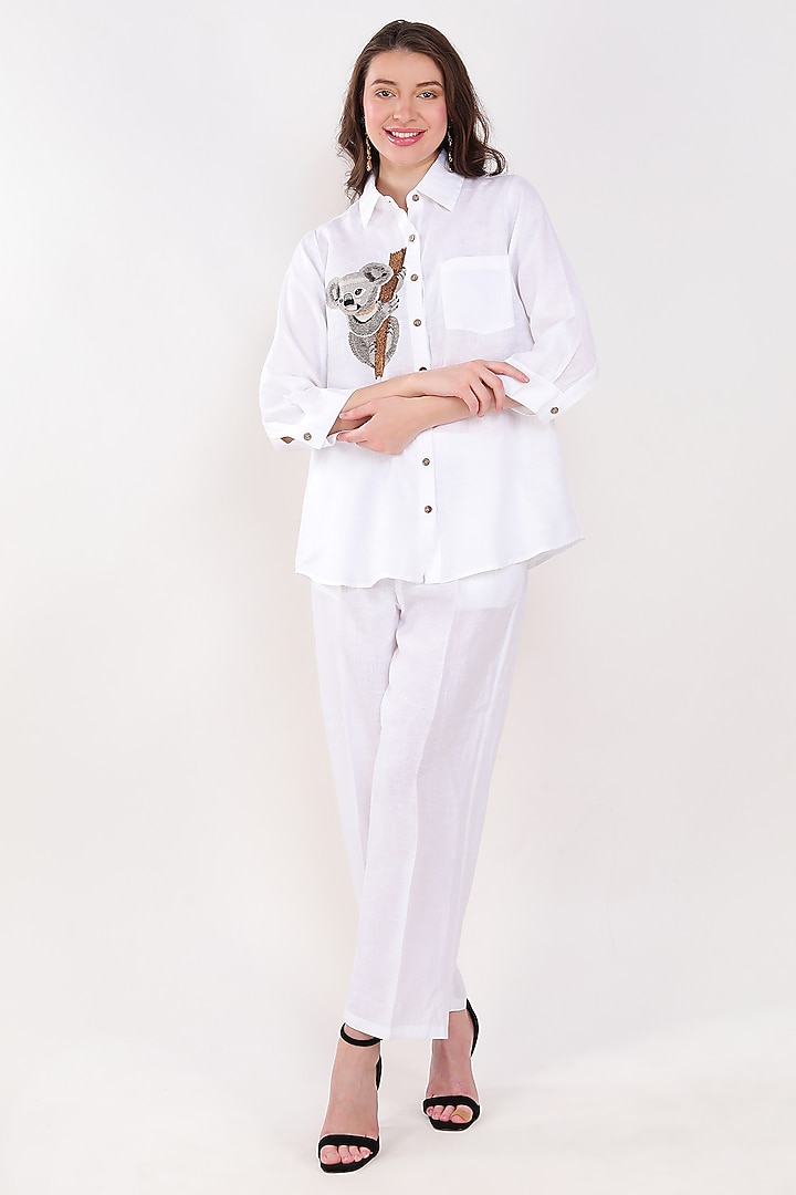 White Linen Embroidered Shirt by Linen Bloom at Pernia's Pop Up Shop