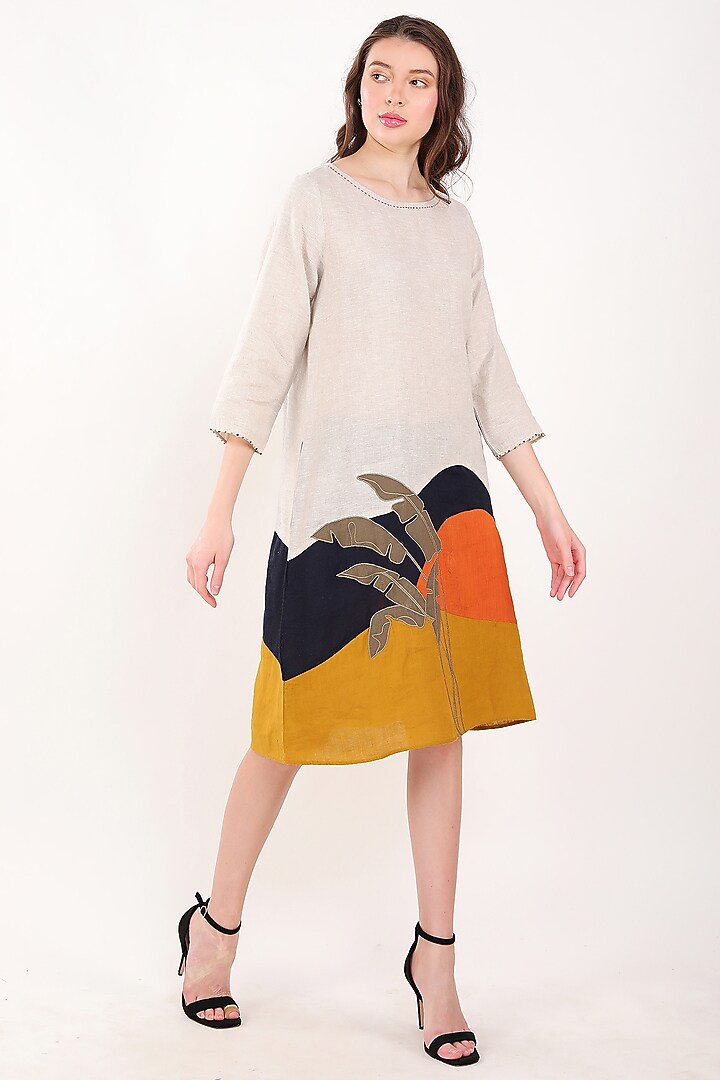 Beige Linen Leaf Embroidered Summer Dress by Linen Bloom at Pernia's Pop Up Shop