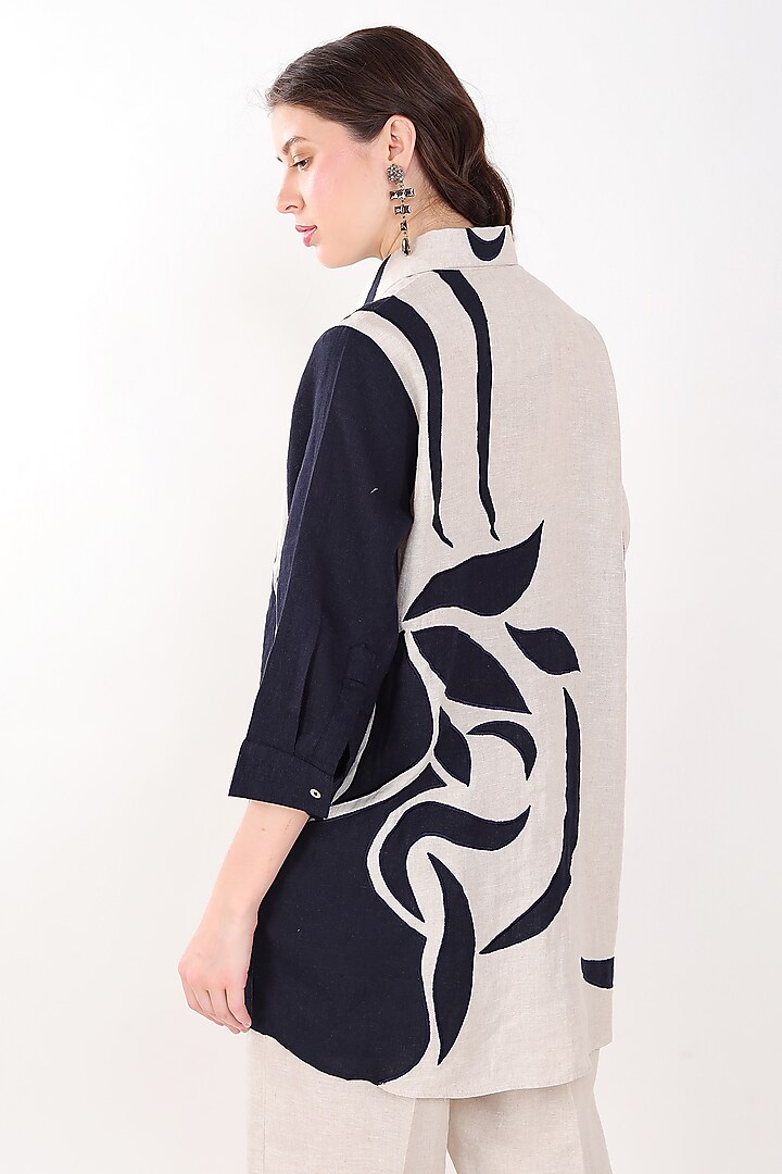 Beige & Navy Blue Linen Leaf Applique Embroidered Shirt by Linen Bloom at Pernia's Pop Up Shop