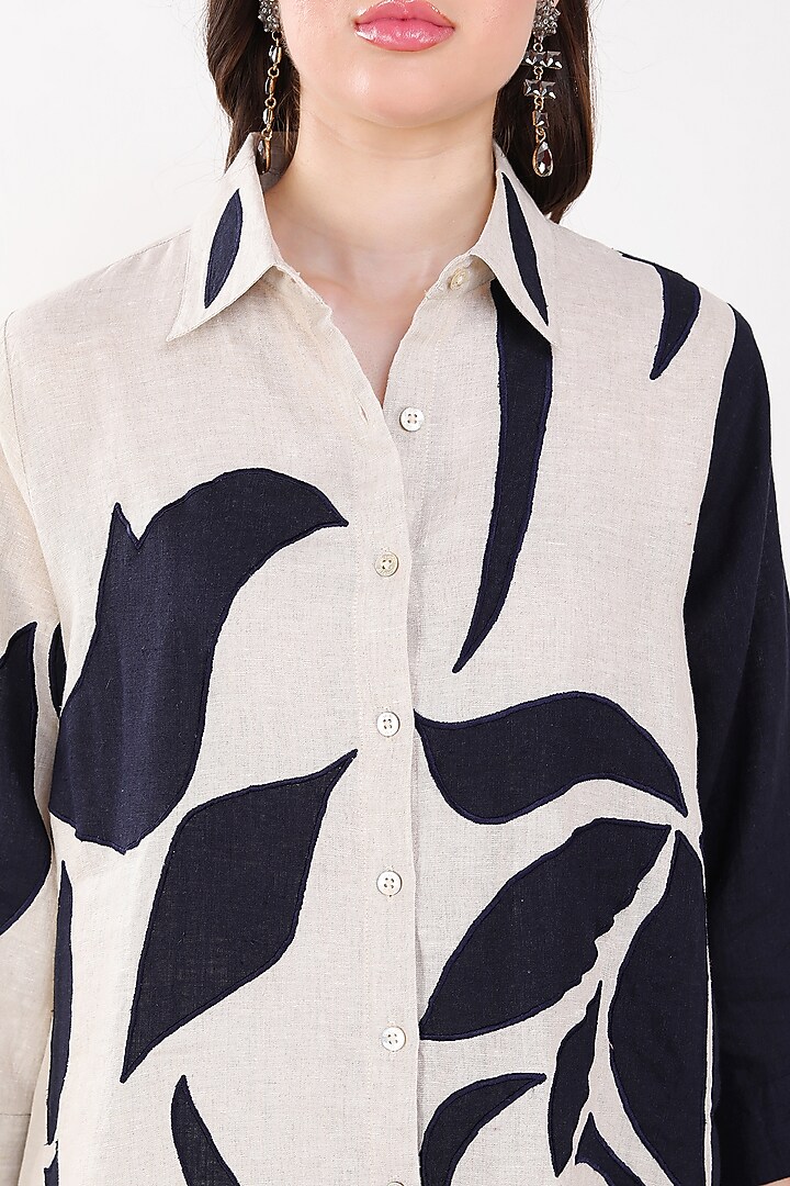 Beige & Navy Blue Linen Leaf Applique Embroidered Shirt by Linen Bloom at Pernia's Pop Up Shop