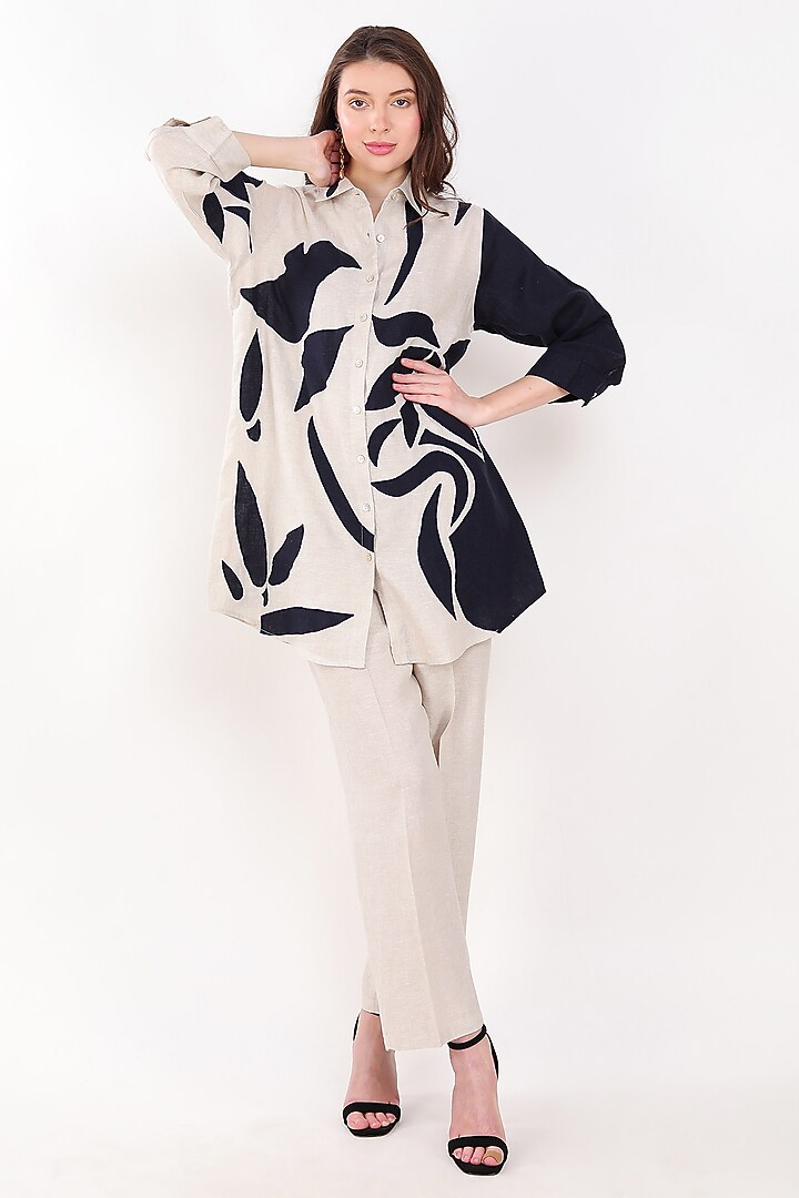 Beige & Navy Blue Linen Leaf Applique Embroidered Shirt by Linen Bloom at Pernia's Pop Up Shop